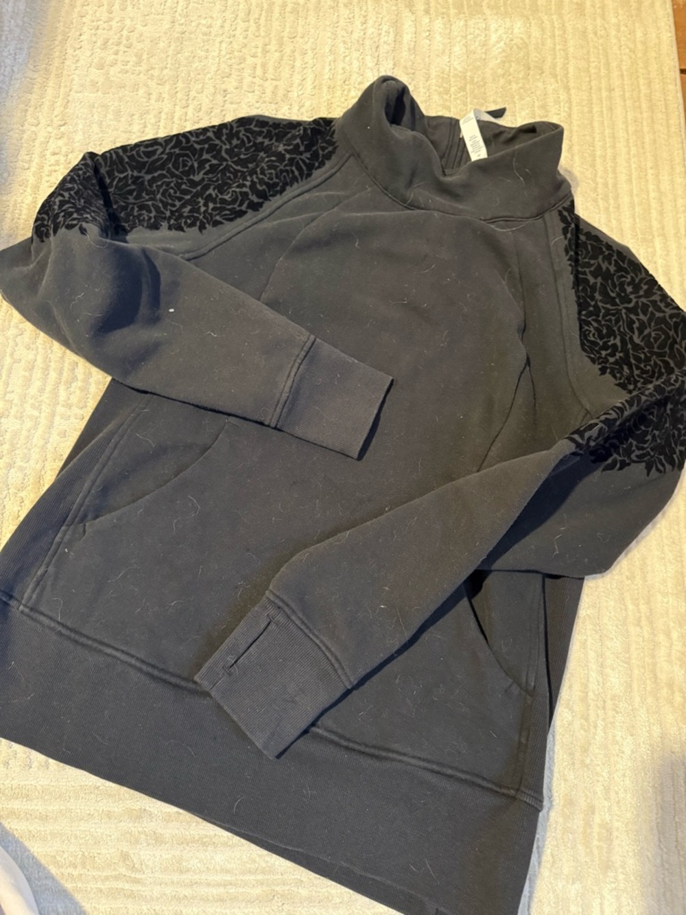Black Lululemon Mockneck Sweatshirt with Velvet Floral Shoulder Detail